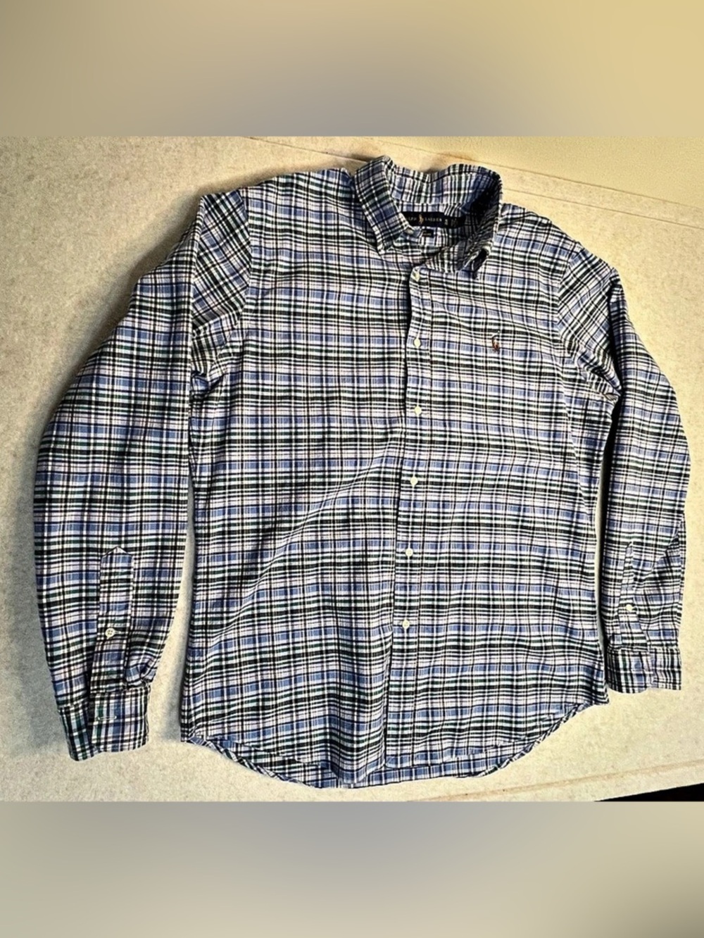 Polo Ralph Lauren Men's XL Slim Fit Stretch Oxford Plaid Button Down Shirt Blue